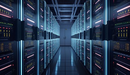 Fototapete - Digital bigdata server center room. Generative AI technology.