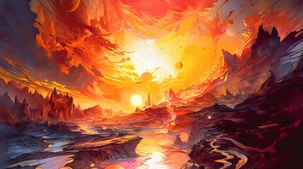 Exotic abstract ancient landscape sunset oil painting art background. Generative AI technology.	
