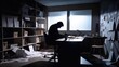 © Hero Design - Overwork businessman silhouette touching his head at office room. Hard time unhappy mental health. Generative AI technology.