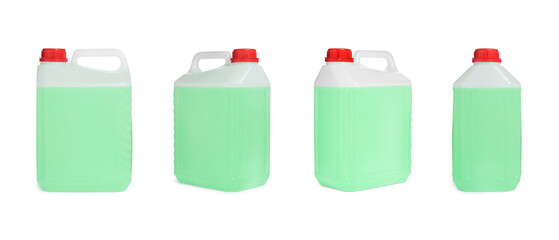 Wall Mural - Plastic canister with light green liquid on white background, different sides