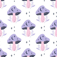 Wall Mural - Mystical vector seamless pattern with celestial mushrooms, moon, stars. Hand drawn magical fungi vector illustration. Witchy background. Whimsical fantasy print for fabric, wrapping, digital paper.