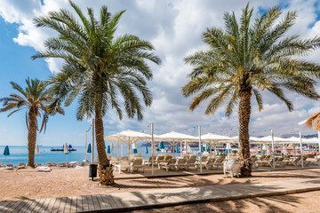 Wall Mural - Morning on central public beach of the Red Sea in Eilat - famous tourist resort and recreational city in Israel. Concept of bliss vacation and happy holiday  