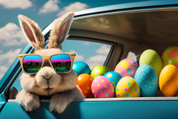 cute easter bunny with sunglasses looking out of a car filed with easter eggs, generative a