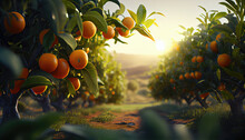 Juicy Oranges Grow On Trees. Orange Farm. Generative AI