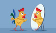 Confident Rooster Looking in the Mirror Vector Cartoon Illustration. Funny cocky masculine chicken feeling self-important and arrogant
