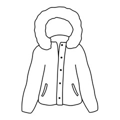 Puffer winter jacket with hood isolated on white. Doodle outline illustration