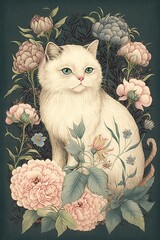 Designer Pastel Chinese Li Hua cat in a Wonderland of Floral: A Serene Scene of a Beautiful Majestic Animal Surrounded by Delicate Flowers in a Soft and Dreamy Style Generative AI