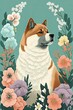 Designer Pastel Akita dog in a Wonderland of Floral: A Serene Scene of a Beautiful Majestic Animal Surrounded by Delicate Flowers in a Soft and Dreamy Style Generative AI