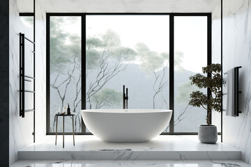 Wall Mural - modern bathroom interior with free stand bathtub near window,. Generative AI