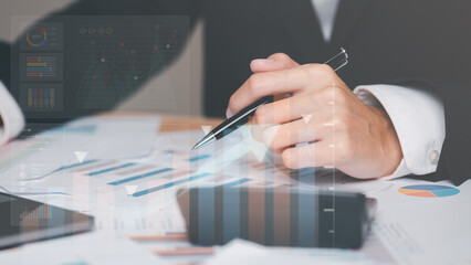 Aufkleber - Businessman reading graph report and business statistics charts ,Analysis and improvement of corporate strategy,manage financial and marketing documents , Statistics and Data Concepts,business growth