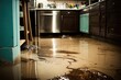 Flooded kitchen floor, water leaking. Closeup view of a waterlogged kitchen floor. Generative AI