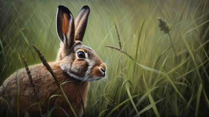 A rabbit sitting in a field of tall grass, a photorealistic painting. Generative AI