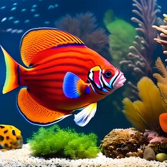 Wall Mural -  illustration of wonderful and colorful discus fish. generative ai