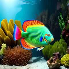 Wall Mural -  illustration of wonderful and colorful discus fish. generative ai