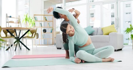 Canvas Print - Yoga coach, women and stretching in home living room for health, wellness and fitness. Girls training, pilates and black woman or personal trainer helping female yogi with arm stretch for exercise.