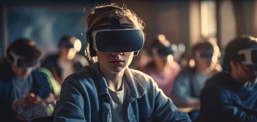 Many multicultural, multiracial schoolchildren using virtual reality headsets at the classroom
