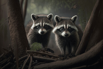 Wall Mural - Two raccoons watching from the trees generative ai