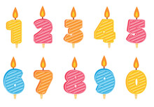 Vector Bright Cartoon Image Of Candles Of Numbers. The Concept Of Parties, Festivals And Fun. A Colorful Element For Your Design.