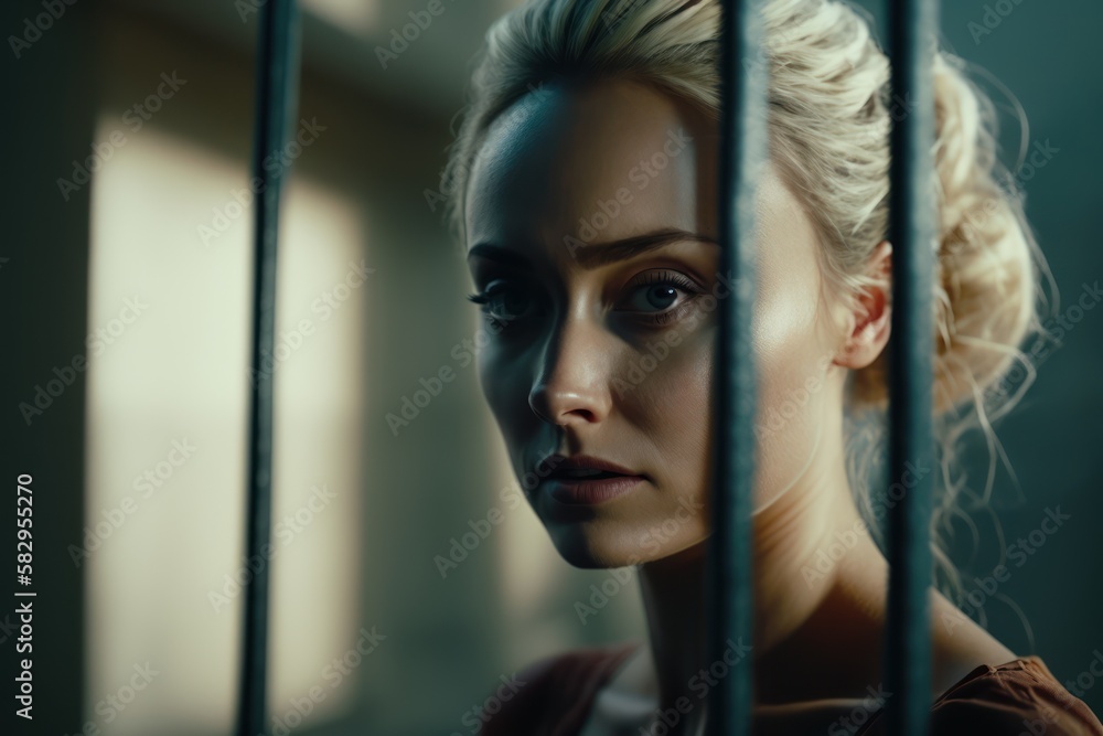 A woman in prison gazes out the window with a sad and lonely expression ...
