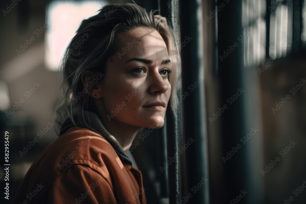 A woman in prison gazes out the window with a sad and lonely expression ...