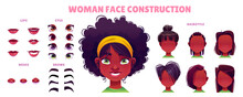 Cartoon African Woman Face Avatar Construction For Animation. Girl Character With Set Of Hairstyle, Mouth, Eye And Brow Element To Create Female Portrait. Game User Teen Custom Facial Generator.