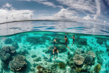 Young couple at snorkeling in the tropical water. Generative AI.