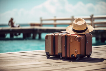 Wall Mural - Two suitcases on wooden dock on the beach.  Generative AI.