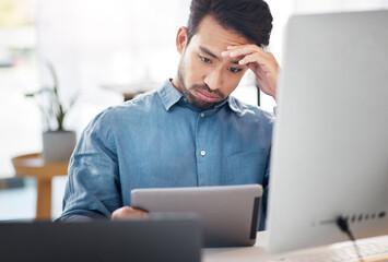 Poster - Stress, tablet and bored business man in office for difficult project, challenge or burnout of brain fog. Confused male employee, digital technology and frustrated for online mistake, lazy and glitch