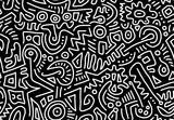 Fototapeta Młodzieżowe - Black and white abstract drawing hand-drawn in scribbles on a black background.Seamless pattern.