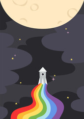 Wall Mural - rocket flying to the moon. space poster in minimalistic cartoon style.