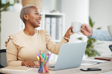 Poster - Smile, black woman at desk and coffee break in creative office with laptop and cup in hands. Gratitude, tea time and happy African businesswoman at computer at startup business with mug from coworker