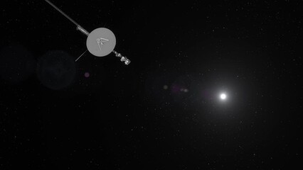 Wall Mural - Voyager 1 Travelling to Past Rotating Camera Heading Towards Deep Space with Distant Sun Flare and Stars Background 4K