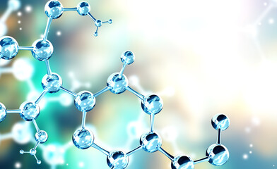 Wall Mural - horizontal banner with model of abstract molecular structure. background of blue color with glass at