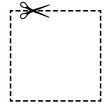 © Irina - Scissors cut dotted line coupon with dash icon. Shear trim sqaure shape voucher or gift code along the guide line with dash or dot border. Vector flat illustation.