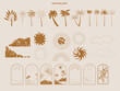 Collection of Summer Boho linear symbols, icons design. Sun, palm tree, landscape. Editable Vector Illustration.
