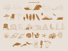 Collection Of Summer Boho Linear Symbols, Icons Design. Sea Waves, Cabin, Sea Animals, Surf, Sailling Boat. Editable Vector Illustration.