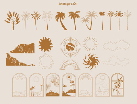 collection of summer boho linear symbols, icons design. sun, palm tree, landscape. editable vector i