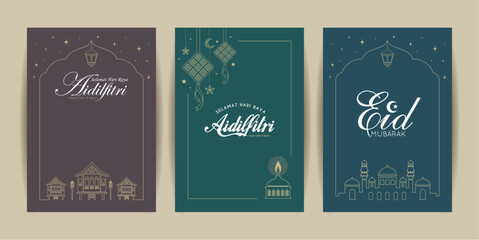 hari raya aidilfitri poster template set. ketupat, pelita oil lamp, malay kampung house and mosque l