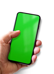 Poster - Hand holding a smartphone with blank green screen. Isolated on transparent background with shadow.