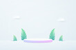 3d Pastel Purple and Pink Podium Showcase with Leaf and Clouds Paper Art Design. Vector illustration. Eps10 
