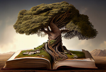 an open book with tree growing out of it. Generative AI.