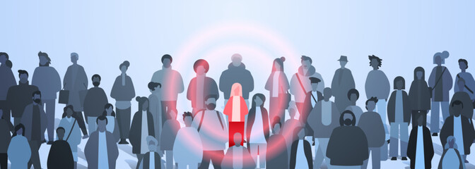 Wall Mural - people group around red woman silhouette creative person standing out from grey crowd think different infected person