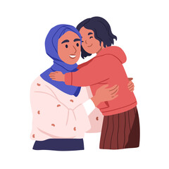 Poster - Muslim mother and daughter. Happy Arab mom and kid hugging. Smiling mum in hijab and girl child embracing together. Parents love and support. Flat vector illustration isolated on white background