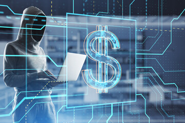 Wall Mural - Hacker using laptop with glowing linear dollar hologram on blurry office interior background. Investment, hacking, trade and finance concept. Double exposure.