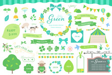 新緑のイラストとフレームセット 文字あり / あしらい、緑、リボン、飾り枠、自然, 葉,見出し,ベクター