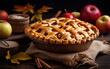 © Liana - Classic apple pie. Homemade apple pie with an intricate lattice crust on a wooden table, surrounded by autumnal decorations.