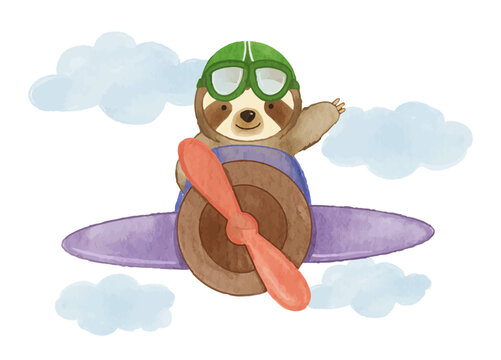 Fototapete - Sloth bear drive airplane on sky . Realistic watercolor paint with paper textured . Cartoon character design . Vector .