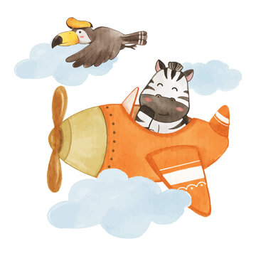 Fototapete - Zebra drive airplane on sky with hornbill bird . Realistic watercolor paint with paper textured . Cartoon character design . Vector .