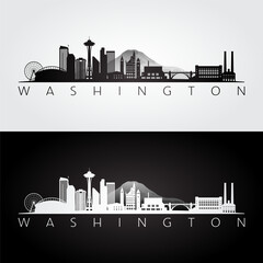 Sticker - Washington state skyline and landmarks silhouette. WA state black and white design. Vector illustration.