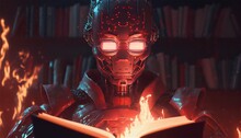 Evil Red Robot. Books In Fire.  Generative AI Technology.